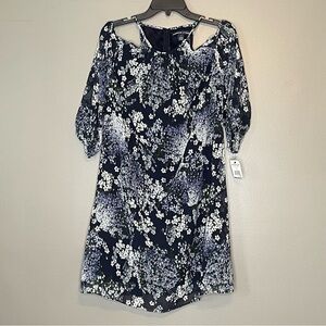 American Living Navy Blue White Floral Cold Shoulder Flowy Dress Size 8 (NWT)